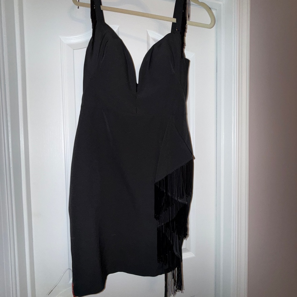 Elegant Marchesa Notte Black Fringe Cocktail Dress